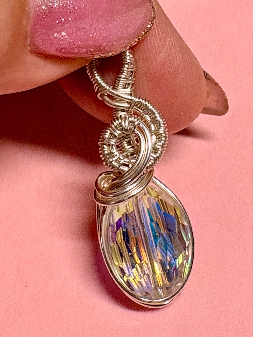 Handcrafted Silver Wire Wrapped Aurora Crystal Pendant - flashing